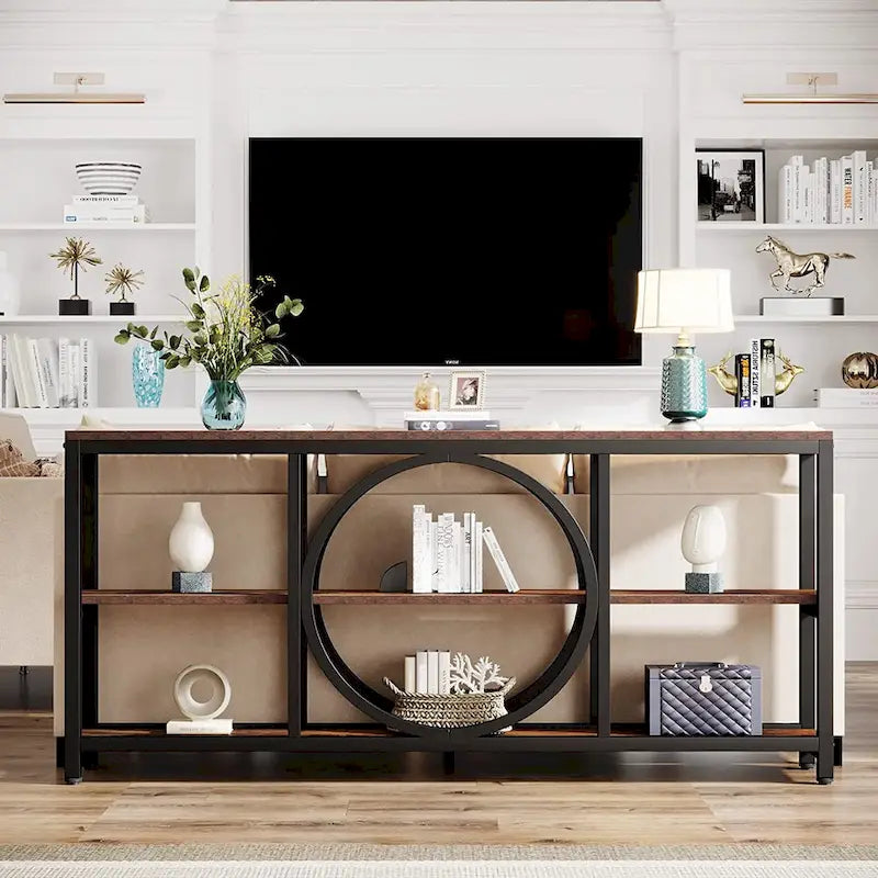 Grey/Brown/Walnut/White 70.9" 3-Tier Console Table, Industrial Style, 1-Person Assembly