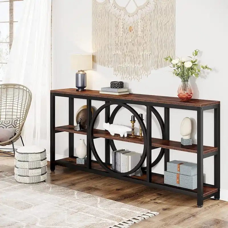 Grey/Brown/Walnut/White 70.9" 3-Tier Console Table, Industrial Style, 1-Person Assembly