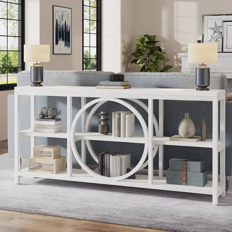 Grey/Brown/Walnut/White 70.9" 3-Tier Console Table, Industrial Style, 1-Person Assembly