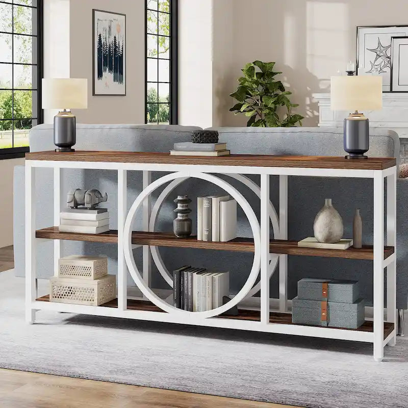 Grey/Brown/Walnut/White 70.9" 3-Tier Console Table, Industrial Style, 1-Person Assembly