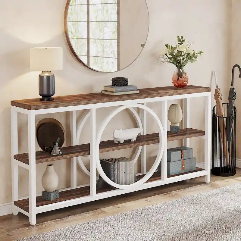 Grey/Brown/Walnut/White 70.9" 3-Tier Console Table, Industrial Style, 1-Person Assembly