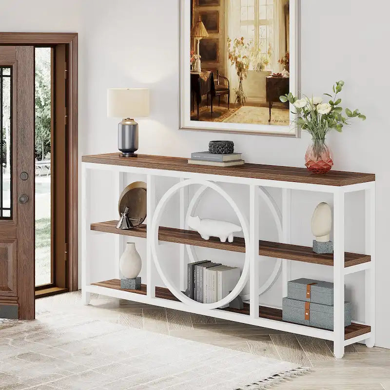 Grey/Brown/Walnut/White 70.9" 3-Tier Console Table, Industrial Style, 1-Person Assembly