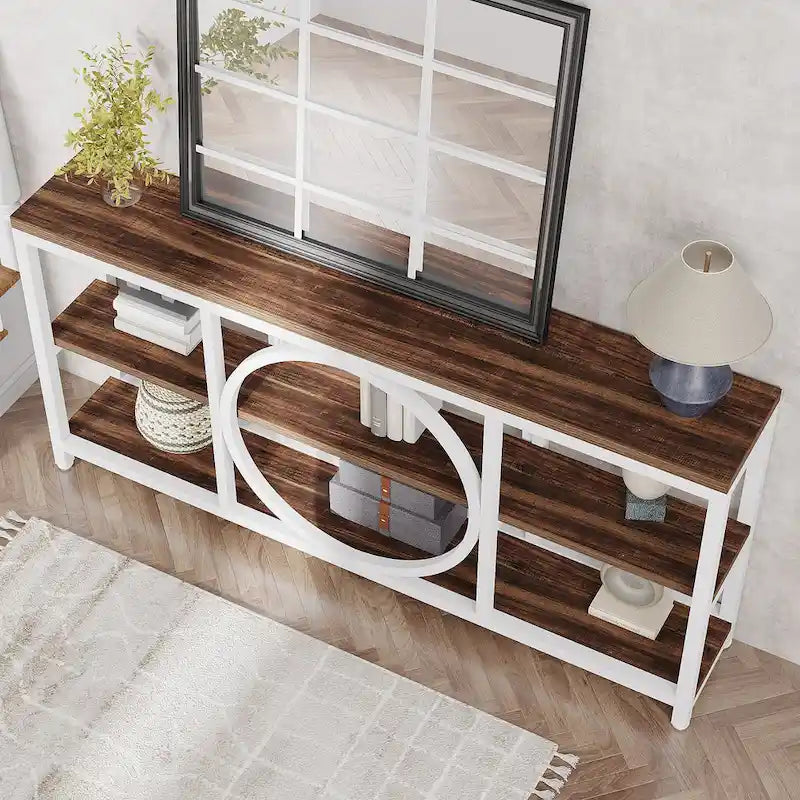 Grey/Brown/Walnut/White 70.9" 3-Tier Console Table, Industrial Style, 1-Person Assembly