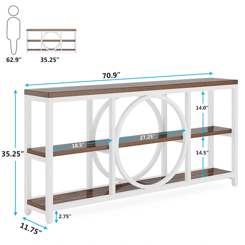 Grey/Brown/Walnut/White 70.9" 3-Tier Console Table, Industrial Style, 1-Person Assembly