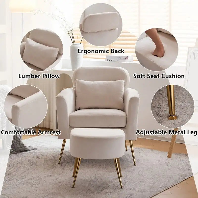 Beige Boucle / Velvet / Fabric Accent Chair – Single Seat, Gold Legs