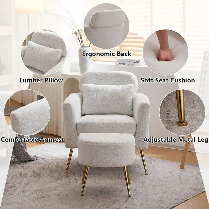 Beige Boucle / Velvet / Fabric Accent Chair – Single Seat, Gold Legs