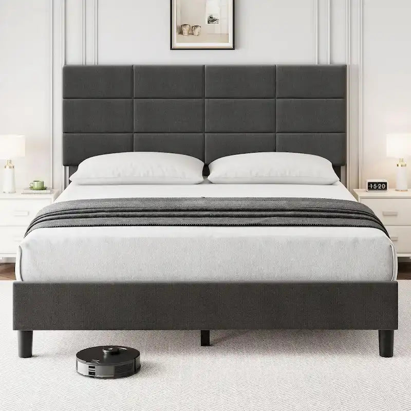 Base de cama tapizada en lino gris con listones de madera – 1-2 personas