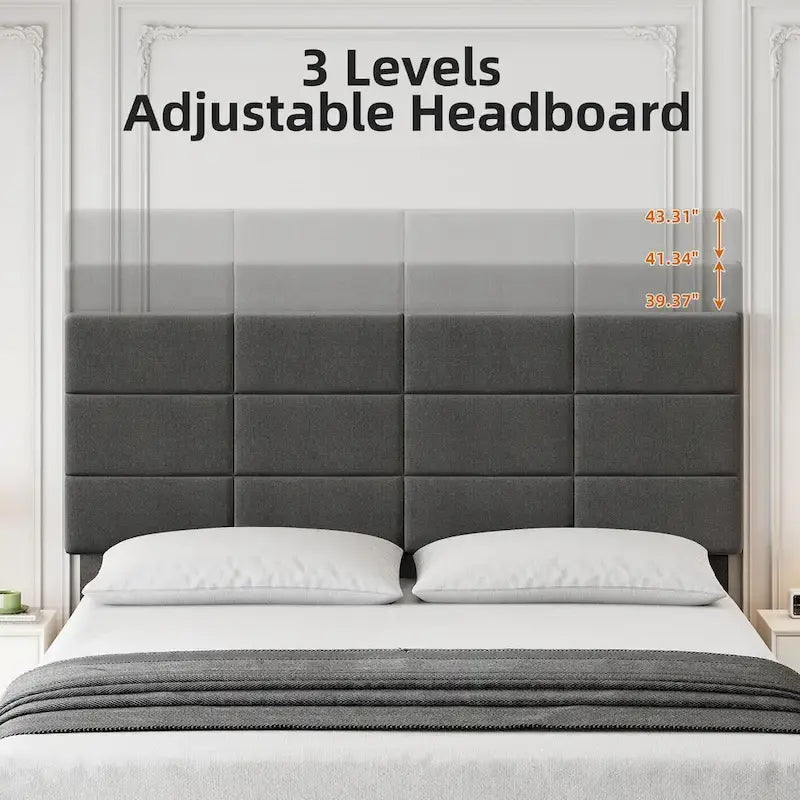 Base de cama tapizada en lino gris con listones de madera – 1-2 personas