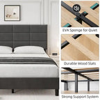Base de cama tapizada en lino gris con listones de madera – 1-2 personas