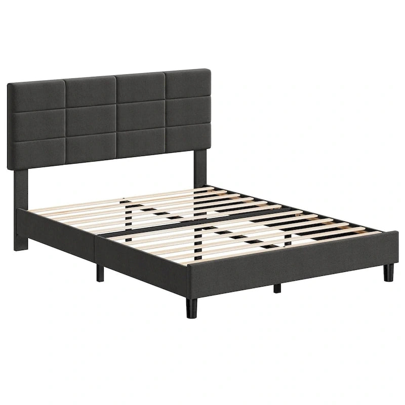 Base de cama tapizada en lino gris con listones de madera – 1-2 personas