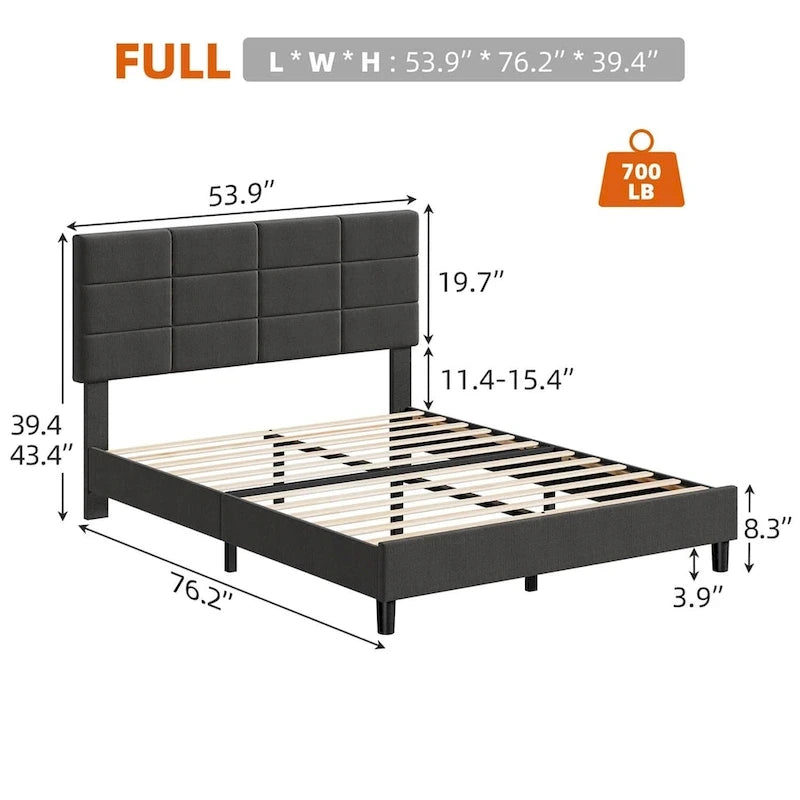 Base de cama tapizada en lino gris con listones de madera – 1-2 personas