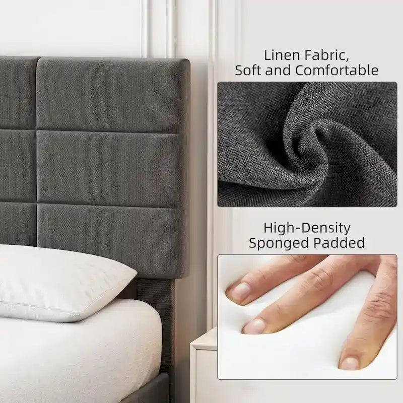 Base de cama tapizada en lino gris con listones de madera – 1-2 personas