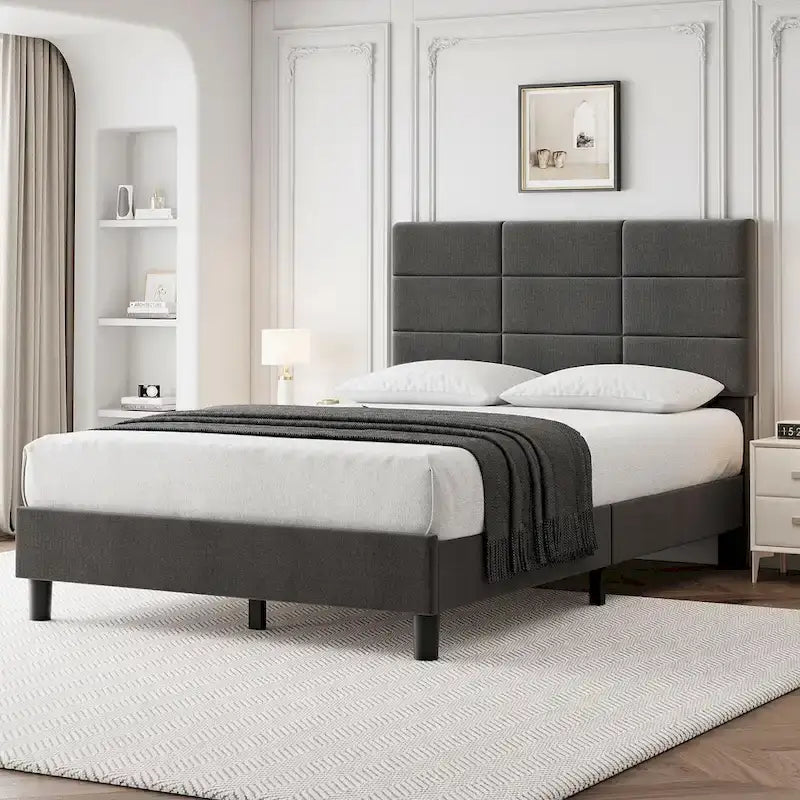 Base de cama tapizada en lino gris con listones de madera – 1-2 personas