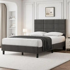 Base de cama tapizada en lino gris con listones de madera – 1-2 personas
