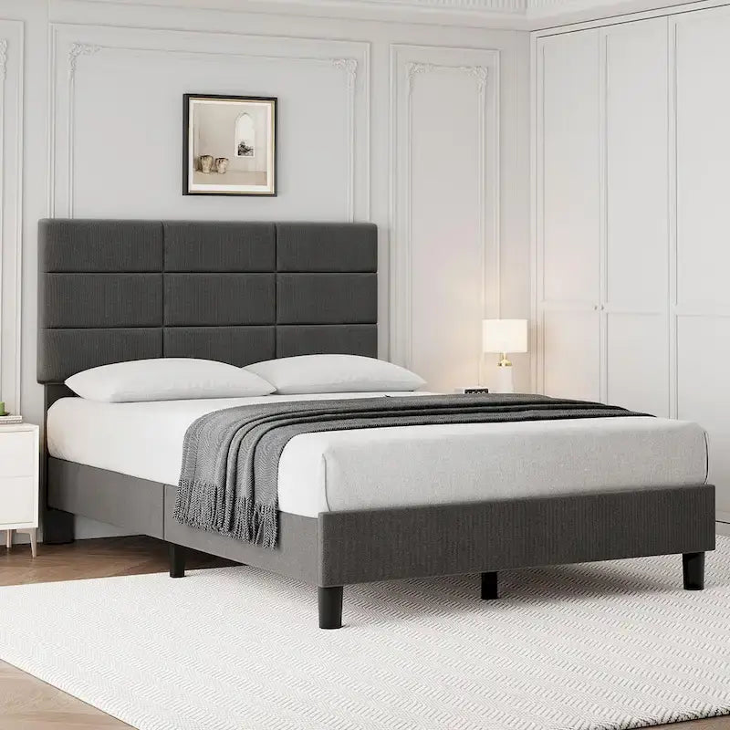 Base de cama tapizada en lino gris con listones de madera – 1-2 personas