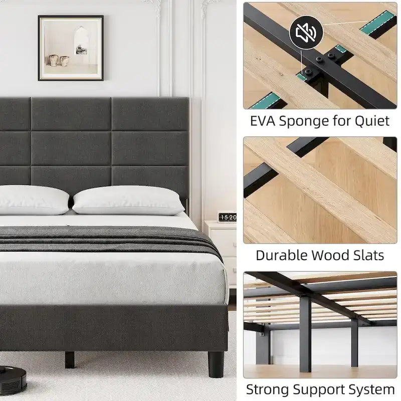 Base de cama tapizada en lino gris con listones de madera – 1-2 personas