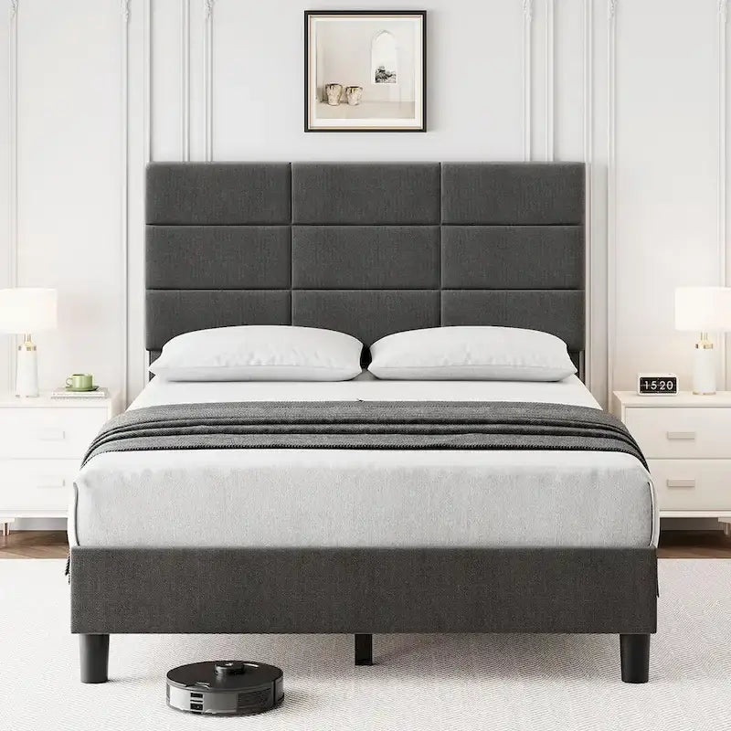 Base de cama tapizada en lino gris con listones de madera – 1-2 personas