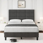 Base de cama tapizada en lino gris con listones de madera – 1-2 personas