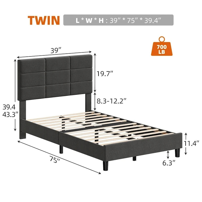Base de cama tapizada en lino gris con listones de madera – 1-2 personas