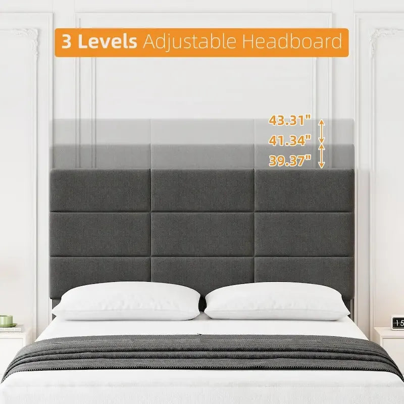 Base de cama tapizada en lino gris con listones de madera – 1-2 personas