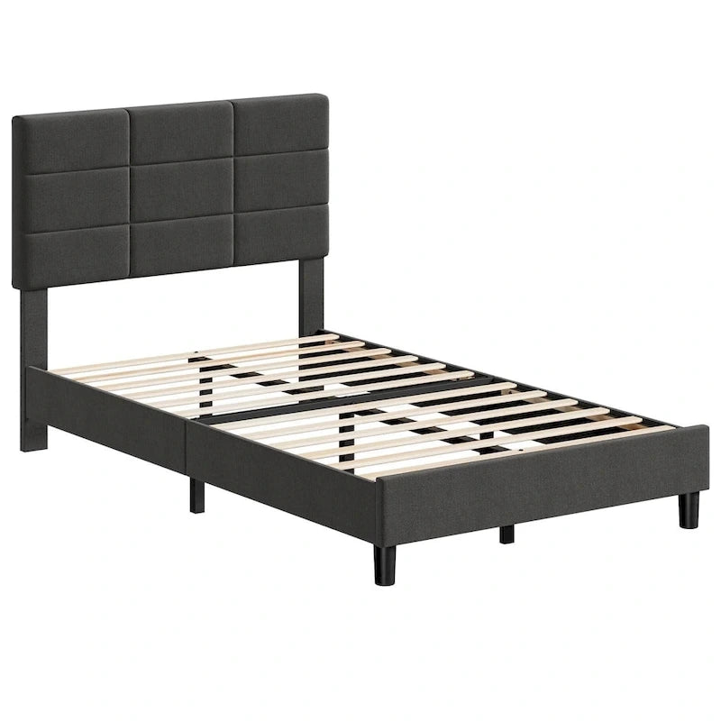 Base de cama tapizada en lino gris con listones de madera – 1-2 personas