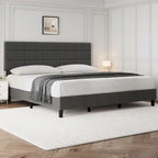 Base de cama tapizada en lino gris con listones de madera – 1-2 personas