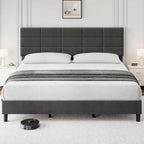 Base de cama tapizada en lino gris con listones de madera – 1-2 personas