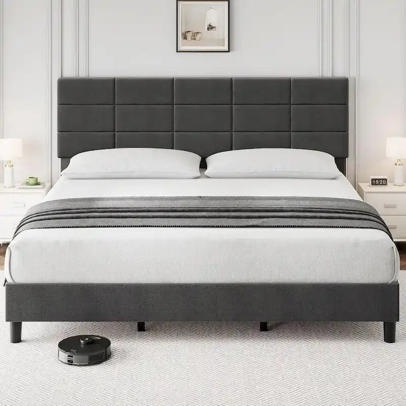 Base de cama tapizada en lino gris con listones de madera – 1-2 personas