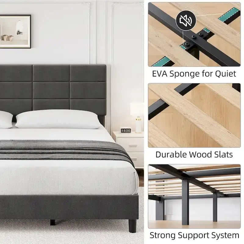Base de cama tapizada en lino gris con listones de madera – 1-2 personas