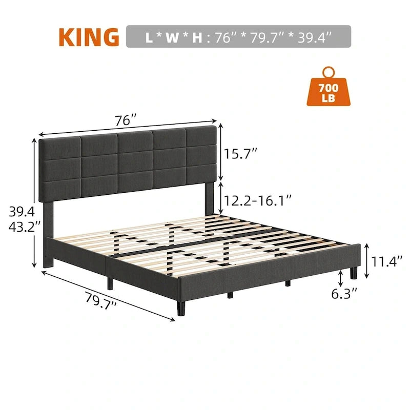 Base de cama tapizada en lino gris con listones de madera – 1-2 personas