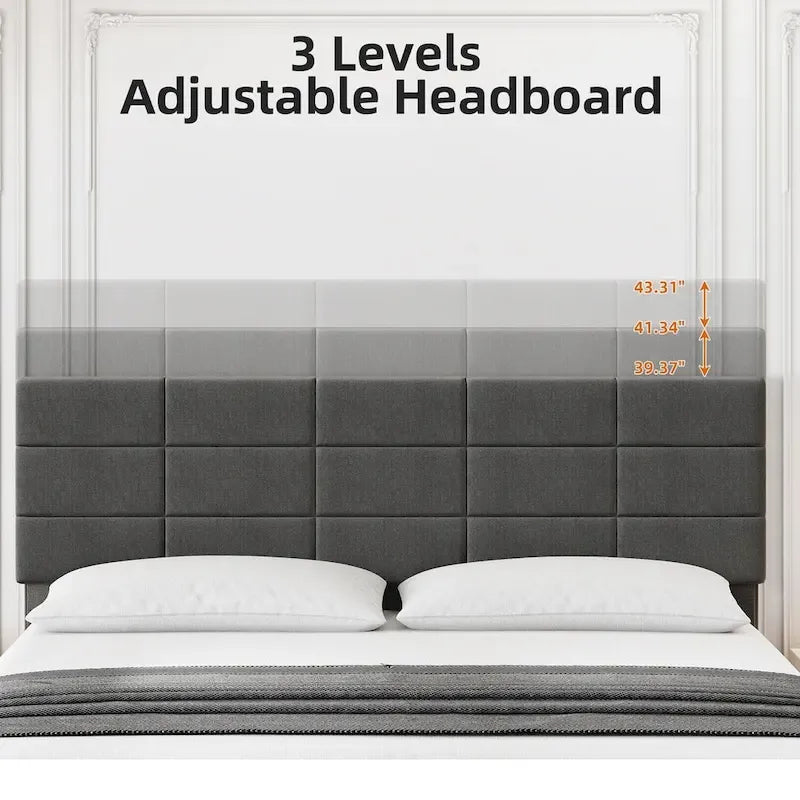 Base de cama tapizada en lino gris con listones de madera – 1-2 personas