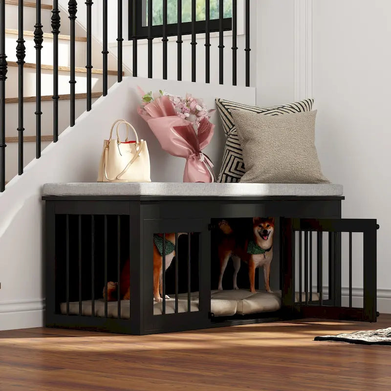 Black Wooden Dog Crate with Bench Top, 1 Pet, 47.2" Size
