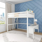 Cama alta blanca de tamaño completo con escritorio y escalera lateral, 1 persona
