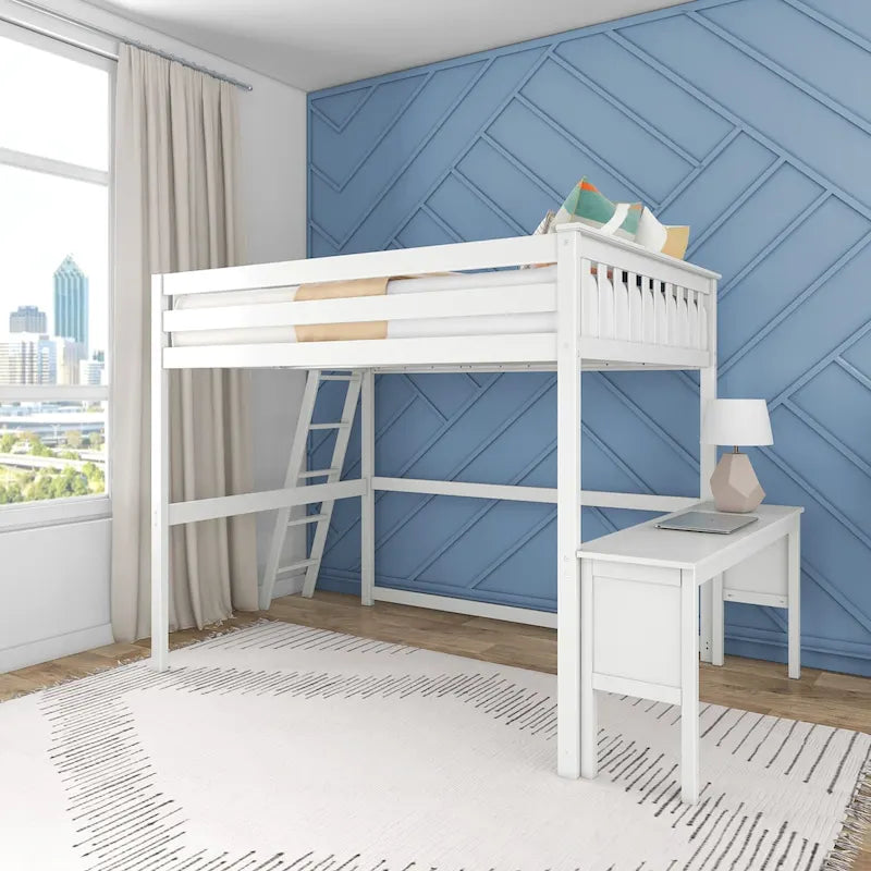 Cama alta blanca de tamaño completo con escritorio y escalera lateral, 1 persona