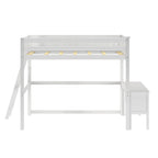 Cama alta blanca de tamaño completo con escritorio y escalera lateral, 1 persona