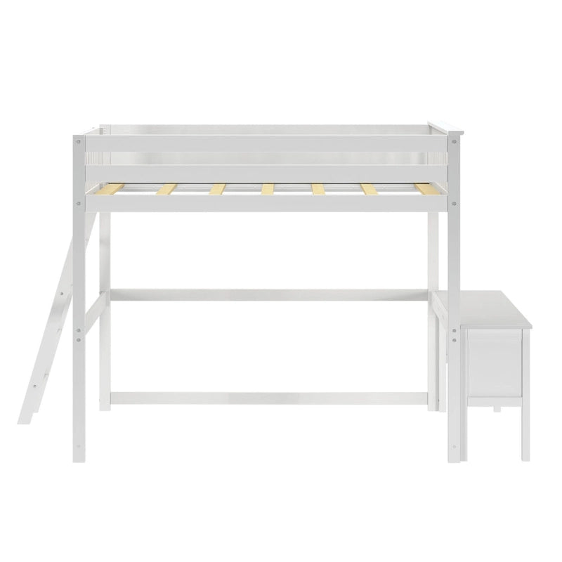 Cama alta blanca de tamaño completo con escritorio y escalera lateral, 1 persona