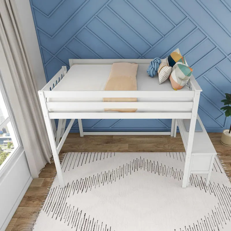 Cama alta blanca de tamaño completo con escritorio y escalera lateral, 1 persona