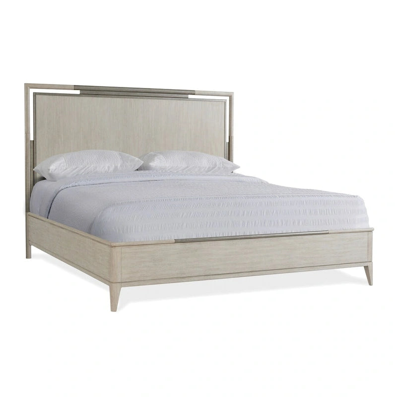 Juego de dormitorio de 3 piezas de madera maciza color champán con marco de metal, King/Queen, 2 mesitas de noche