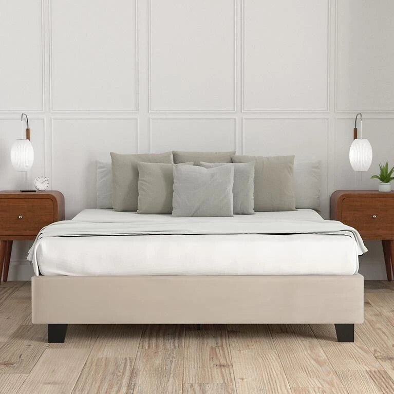 Estructura de cama tapizada con plataforma y 4 patas – Gris/Marfil/Piedra, Queen/King/Cal King, Para 2