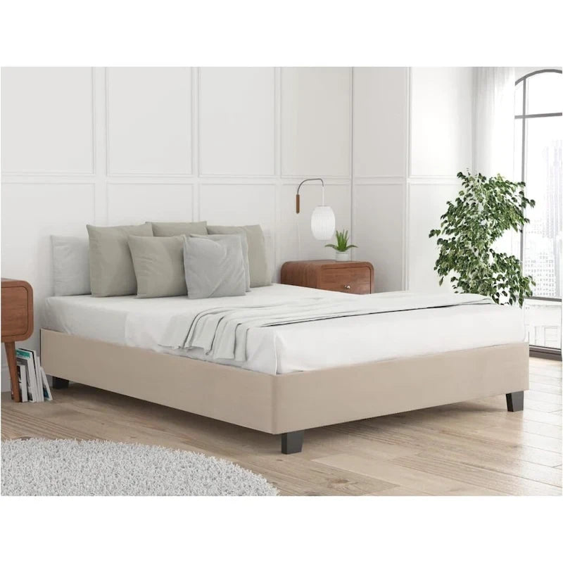 Estructura de cama tapizada con plataforma y 4 patas – Gris/Marfil/Piedra, Queen/King/Cal King, Para 2