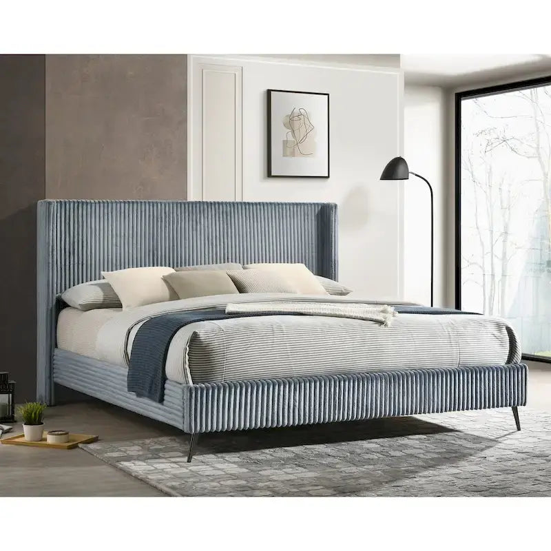 Juego de cama con panel de pana de canalé ancho azul con 2 mesitas de noche y banco, King/Queen