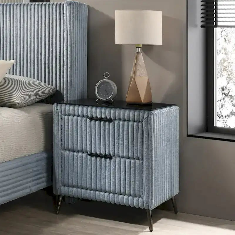 Juego de cama con panel de pana de canalé ancho azul con 2 mesitas de noche y banco, King/Queen
