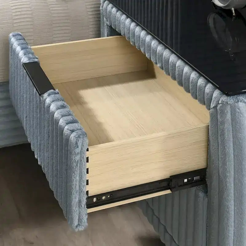 Juego de cama con panel de pana de canalé ancho azul con 2 mesitas de noche y banco, King/Queen