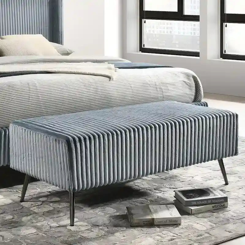 Juego de cama con panel de pana de canalé ancho azul con 2 mesitas de noche y banco, King/Queen