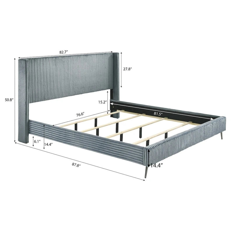 Juego de cama con panel de pana de canalé ancho azul con 2 mesitas de noche y banco, King/Queen