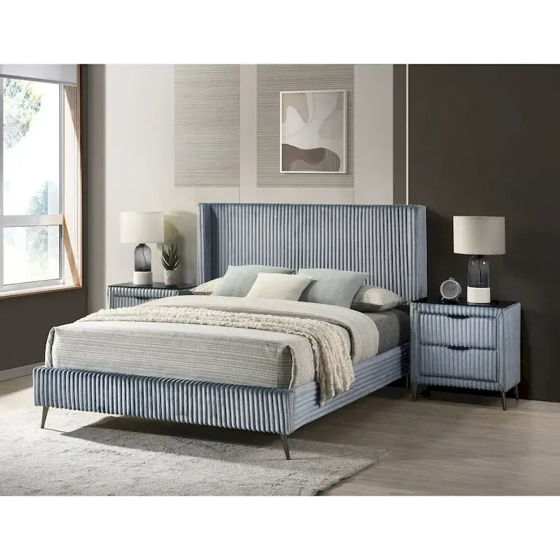 Juego de cama con panel de pana de canalé ancho azul con 2 mesitas de noche y banco, King/Queen