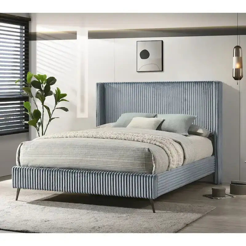 Juego de cama con panel de pana de canalé ancho azul con 2 mesitas de noche y banco, King/Queen