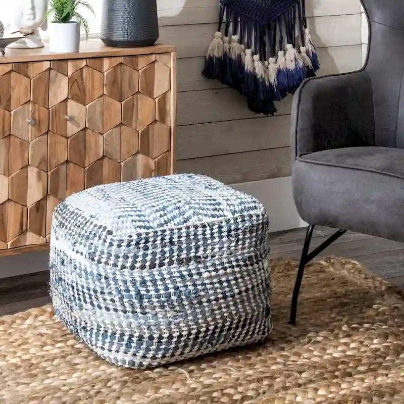 Blue Handmade Denim Textured Ottoman Pouf, Single Seat