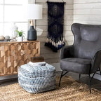 Blue Handmade Denim Textured Ottoman Pouf, Single Seat