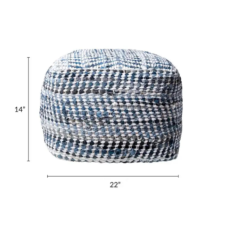 Blue Handmade Denim Textured Ottoman Pouf, Single Seat